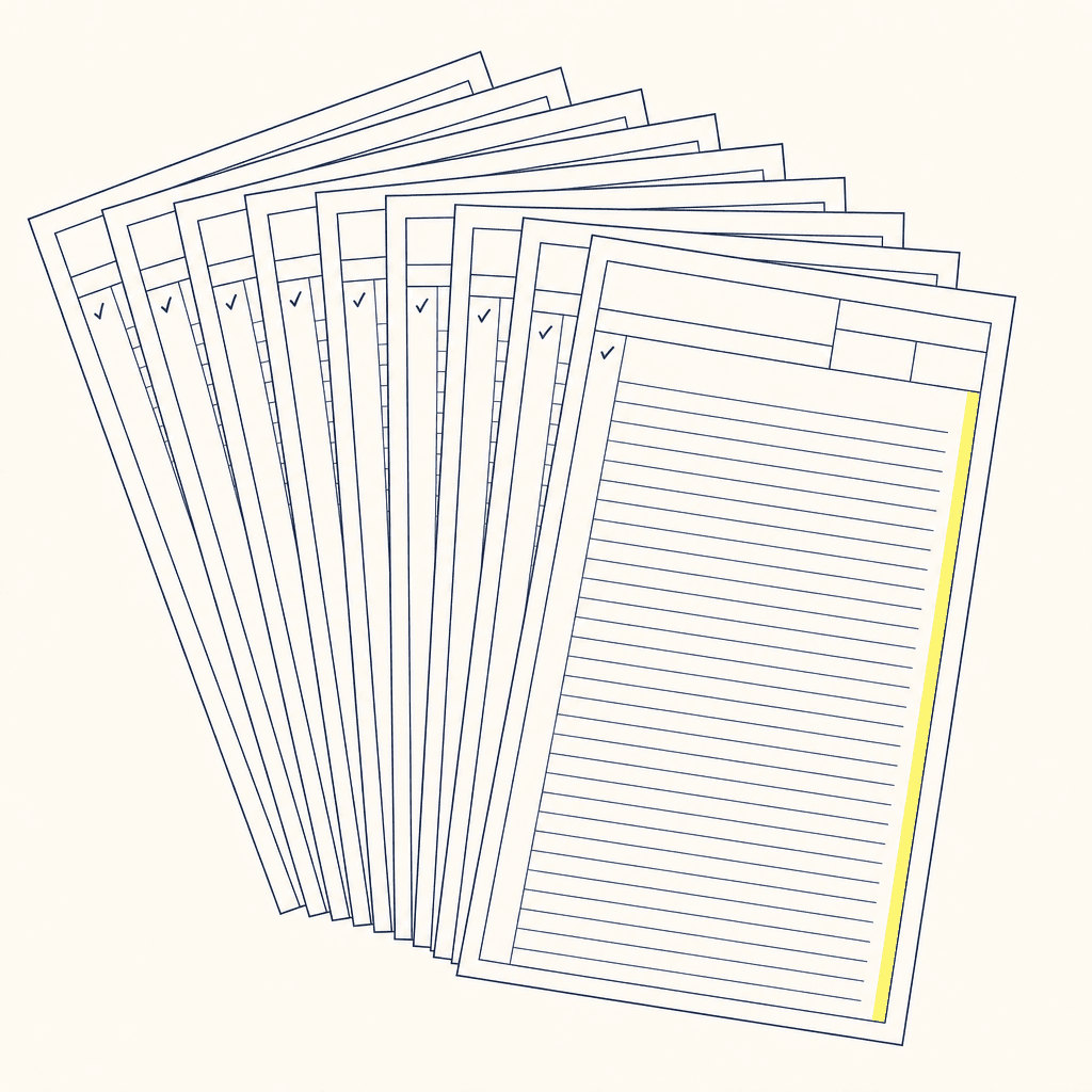 Line drawing of eleven ruled paperwork sheets fanned out in a stack, one edge marked with a yellow stripe.
