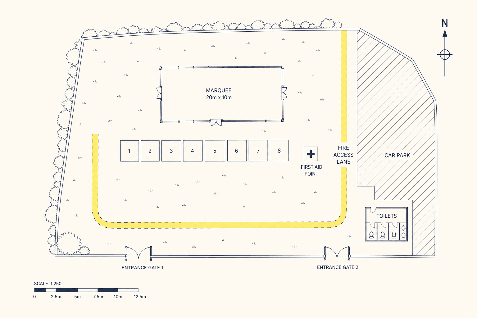 Line-drawn site plan of a village fete: marquee, eight numbered stalls, first aid point, a highlighted fire access lane, two entrance gates, car park and toilets.